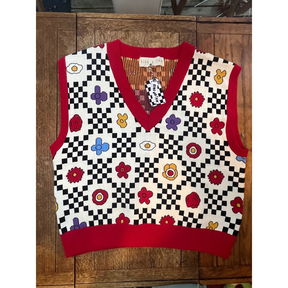 Kina and Tam Floral Funk Sweater Vest NWT 4XL maximalism dopamine checkerboard